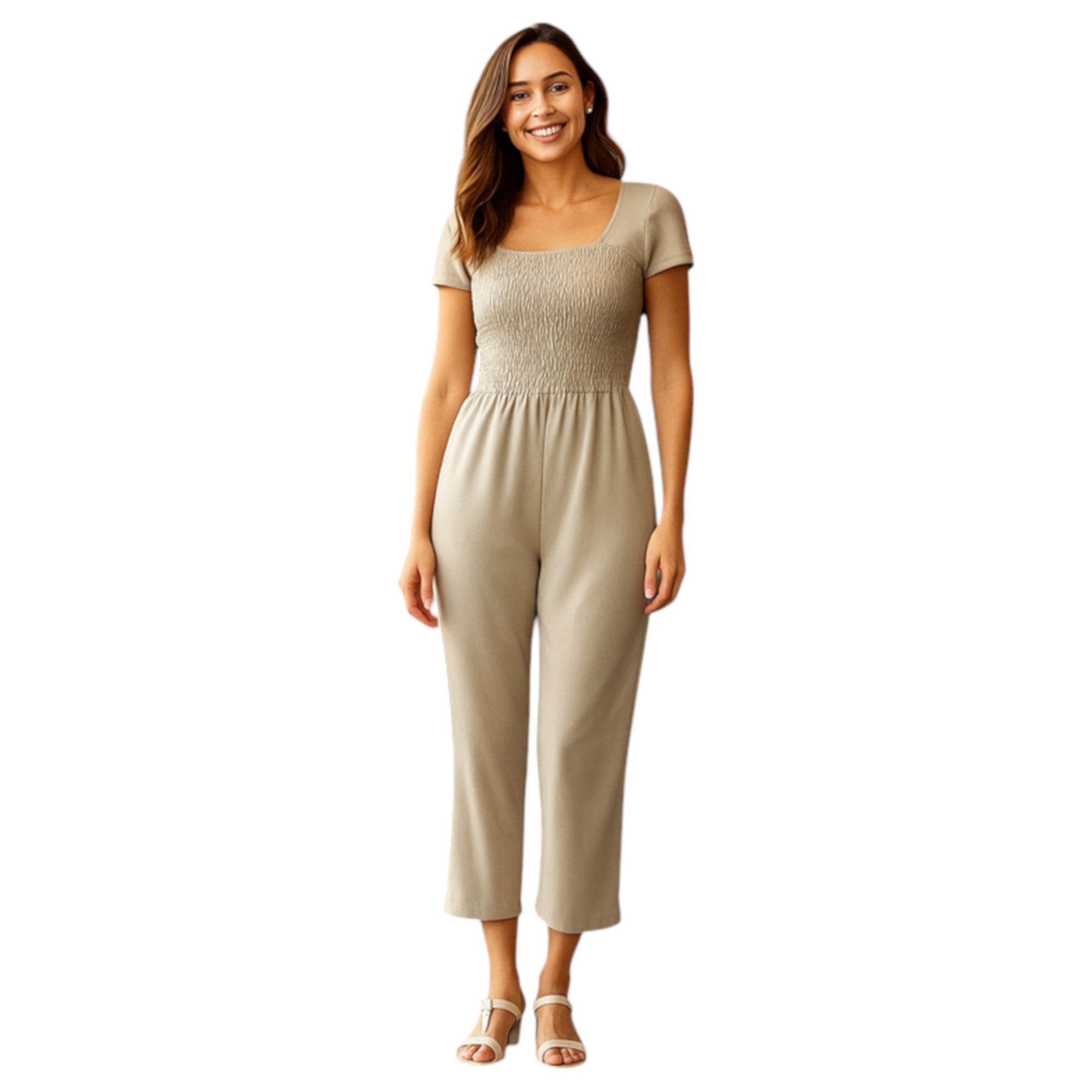 Beige women's shirred jumpsuit with puff sleeves and wide-leg cropped